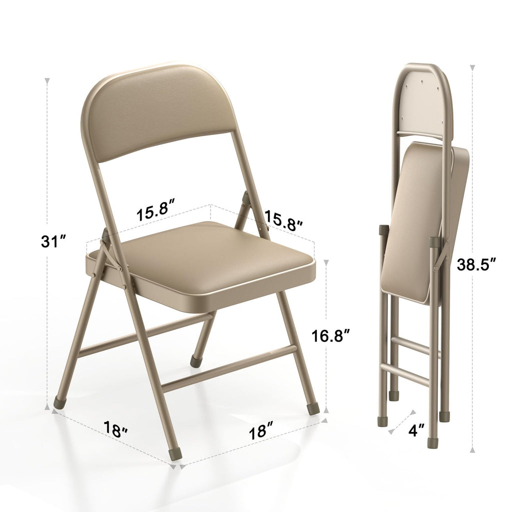 4 Pack Folding Chairs with Padded Vinyl Cushion Chairs with Comfortable Cushion and Durable Steel Frame for Home and Office, for Indoor and Outdoor Events (Kahki, Vinyl)