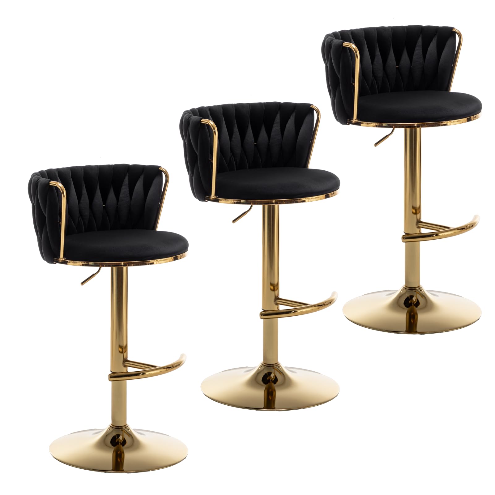 Gold Velvet Bar Stools Set of 3, Swivel Counter Height Bar Stools with Back, Adjustable Woven Barstools for Kitchen Island, Pub, Club (Black)