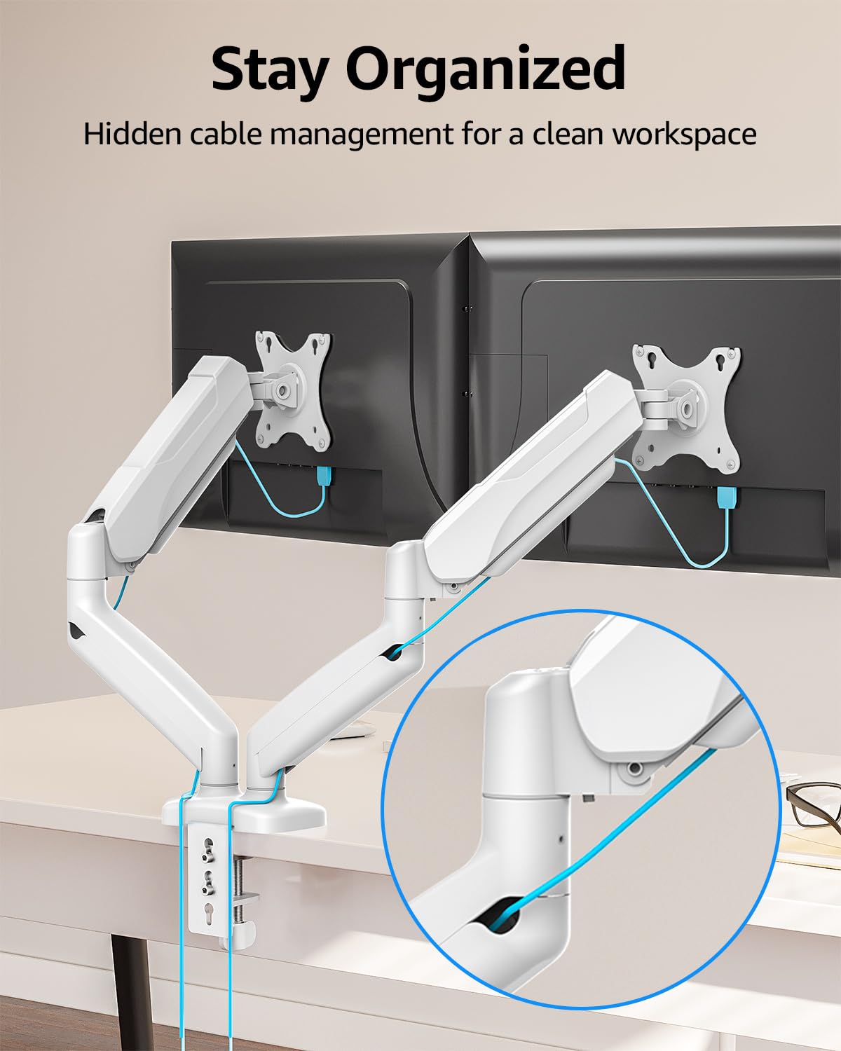 Dual Monitor Stand for Desk, Monitor Arms for 2 Monitors Max 32 Inches, Height Adjustable Double Monitor Mount, VESA Mount with C-Clamp & Grommet Base, Holds 4.4-17.6lbs, White