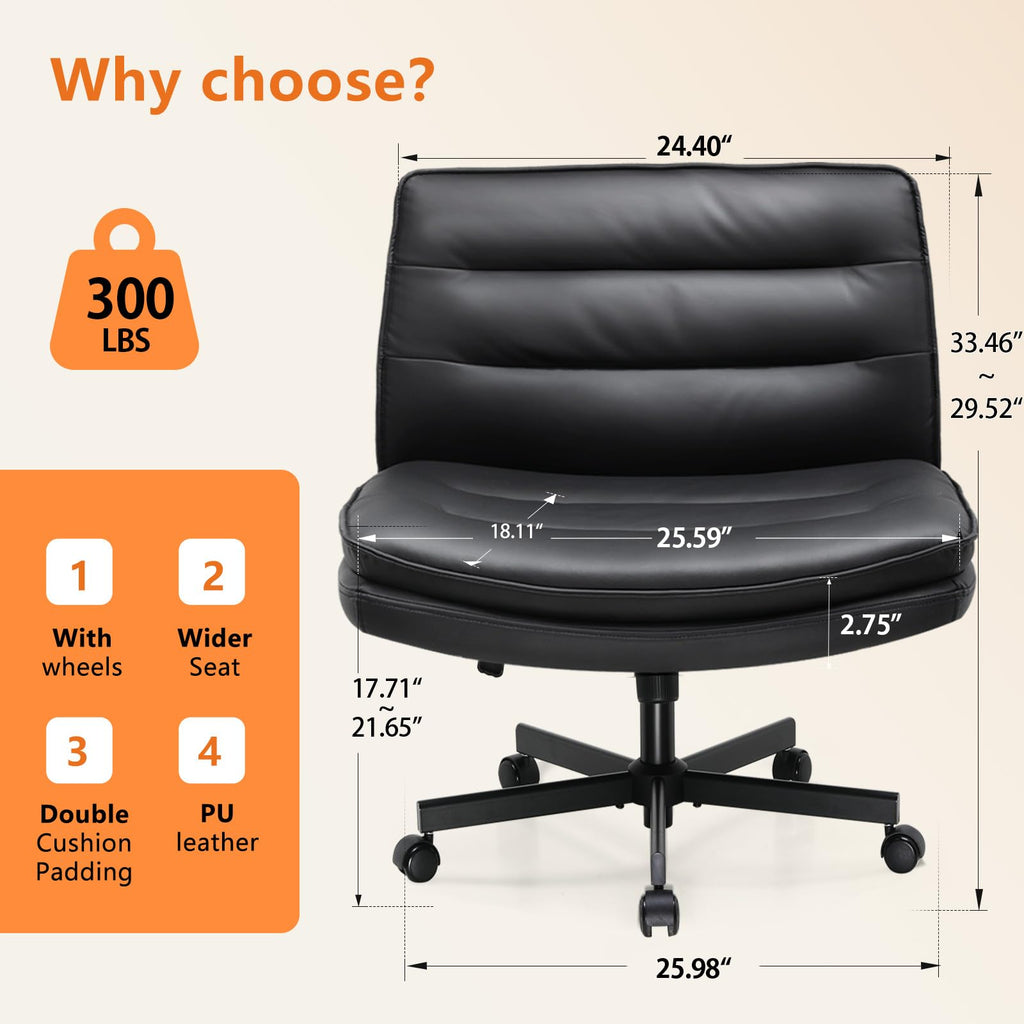 Criss Cross Chair with Wheels Armless Cross Legged Office Chair Wide Home Office Desk Chair Swivel Comfy Vanity Desk Chair Height Adjustable Mid Back Wide Seat Computer Task Chair