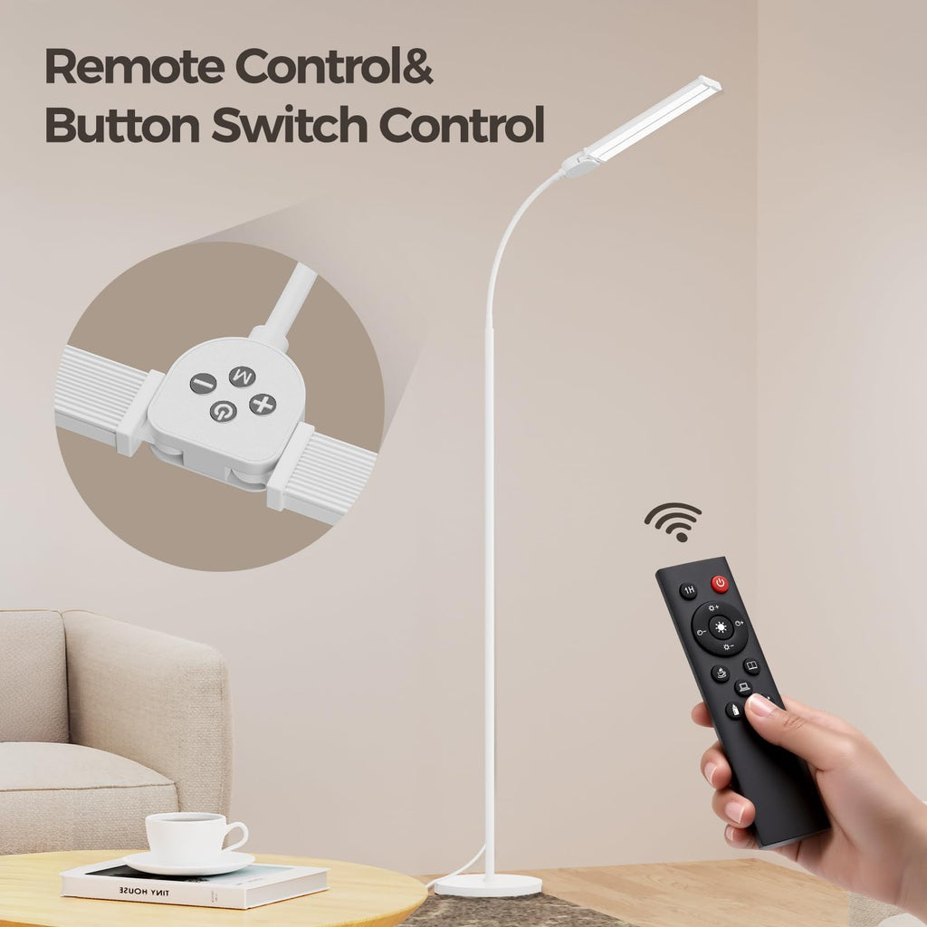 LED Floor Lamp for Living Room, Bright Reading Lamps for Office, Adjustable Colors Temperatures&Brightness, Dual Head Goose Neck Standing Lamp, Remote and Button Control, Eye-Caring Tall Lamp, White