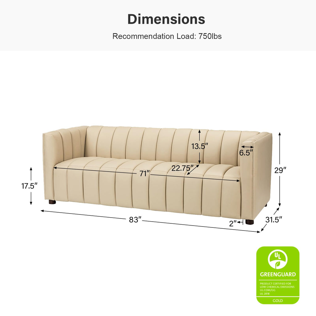 83" Genuine Leather Sofa with Channel Tufted Design, 3-Seater Sofa