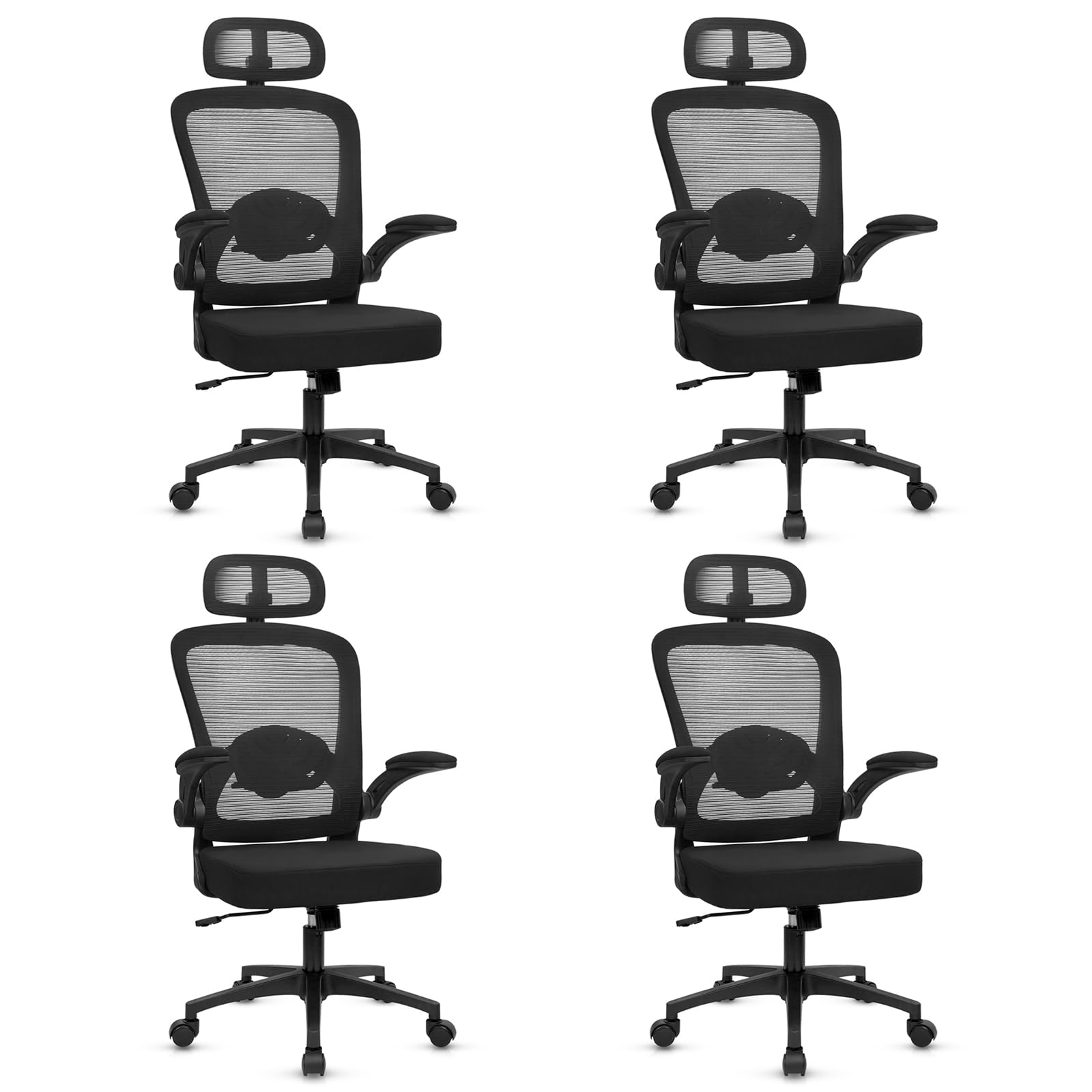 Home Office Desk Chair with Flip Up Armrests, Mesh Back Chair with Adjustable Height Lumbar Support and Headrest, Ergonomic Computer Task Chair for School, Conference, Black(4PK)