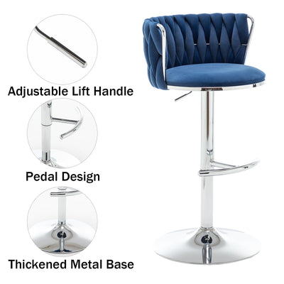Velvet Bar Stools Set of 4, Swivel Counter Height Bar Stools with Back, Adjustable Woven Barstools for Kitchen Island, Pub, Club (Blue)