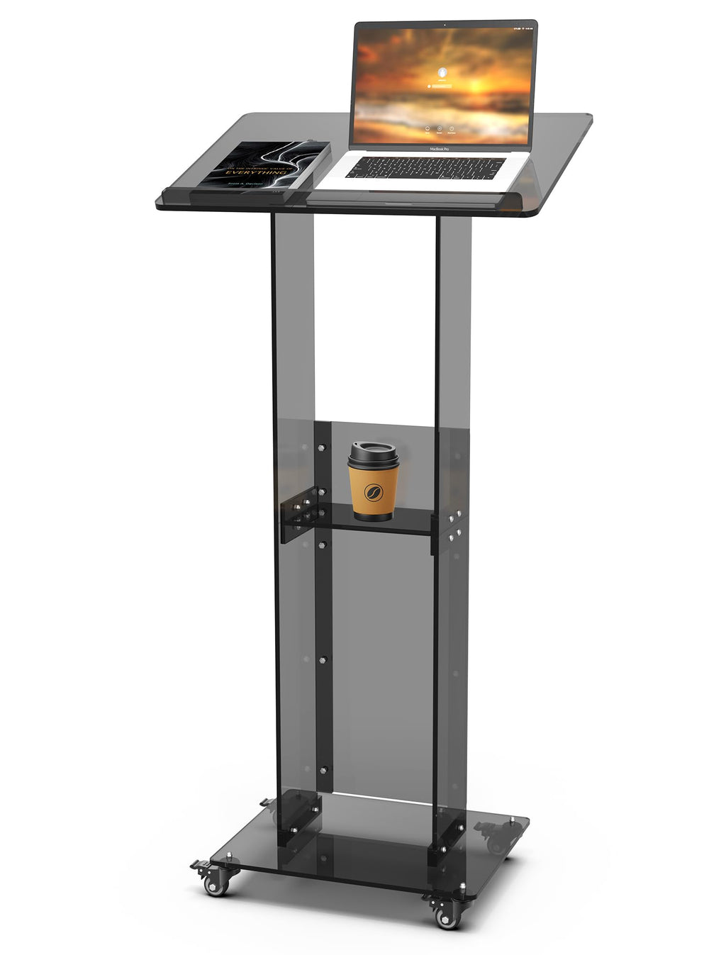 Podium Stand with Lockable Wheels, 47" Black Podium Lectern Floor Standing Speaking Podium Modern Church Pulpit with Storage Shelf for Office Wedding School Speech Concert