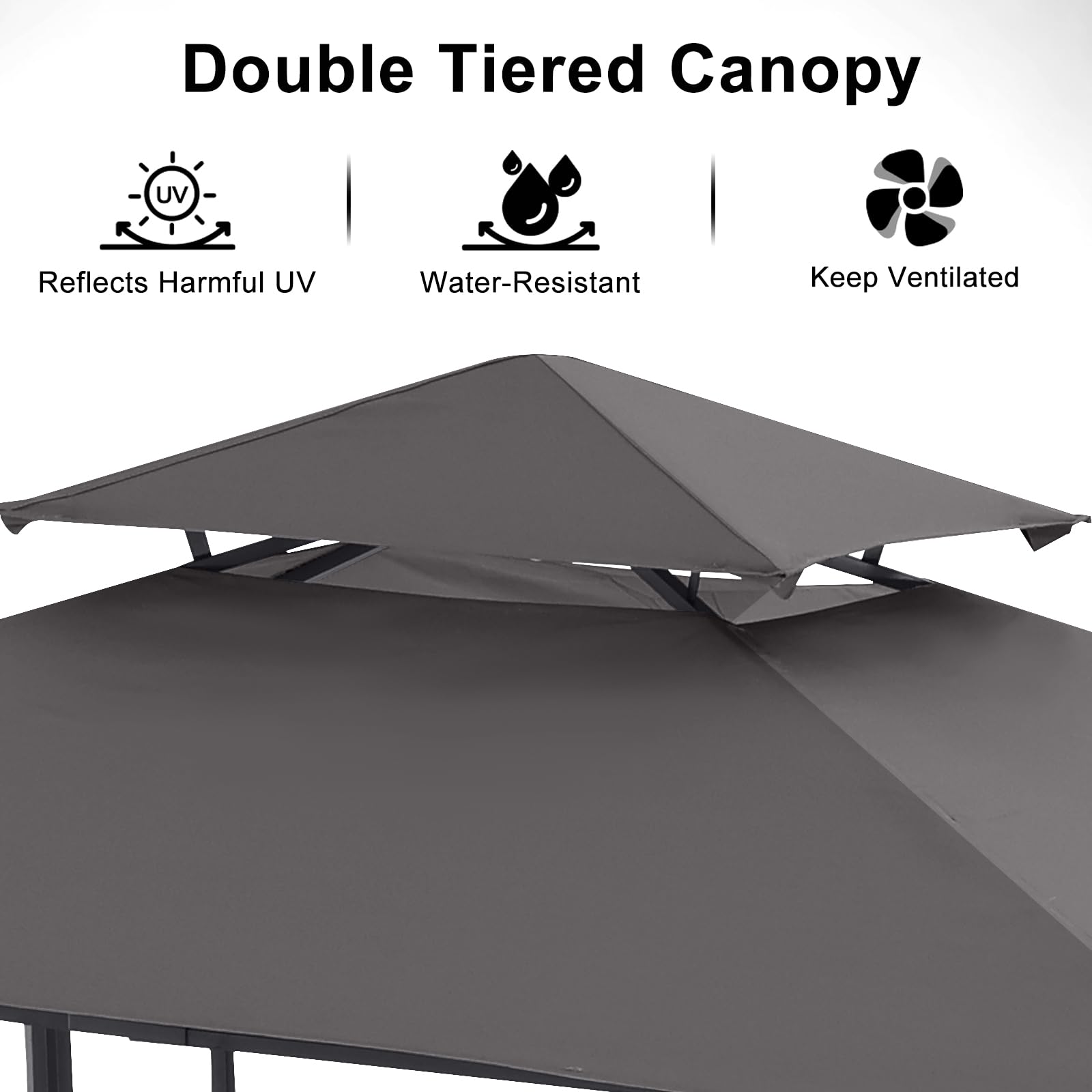 Grill Gazebo with 2 Side Awnings - 14x5 Outdoor BBQ Canopy Shelter with 2 Led Lights for Patio Backyard Grilling (Dark Gray)