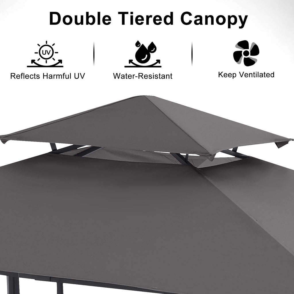 Grill Gazebo with 2 Side Awnings - 14x5 Outdoor BBQ Canopy Shelter with 2 Led Lights for Patio Backyard Grilling (Dark Gray)