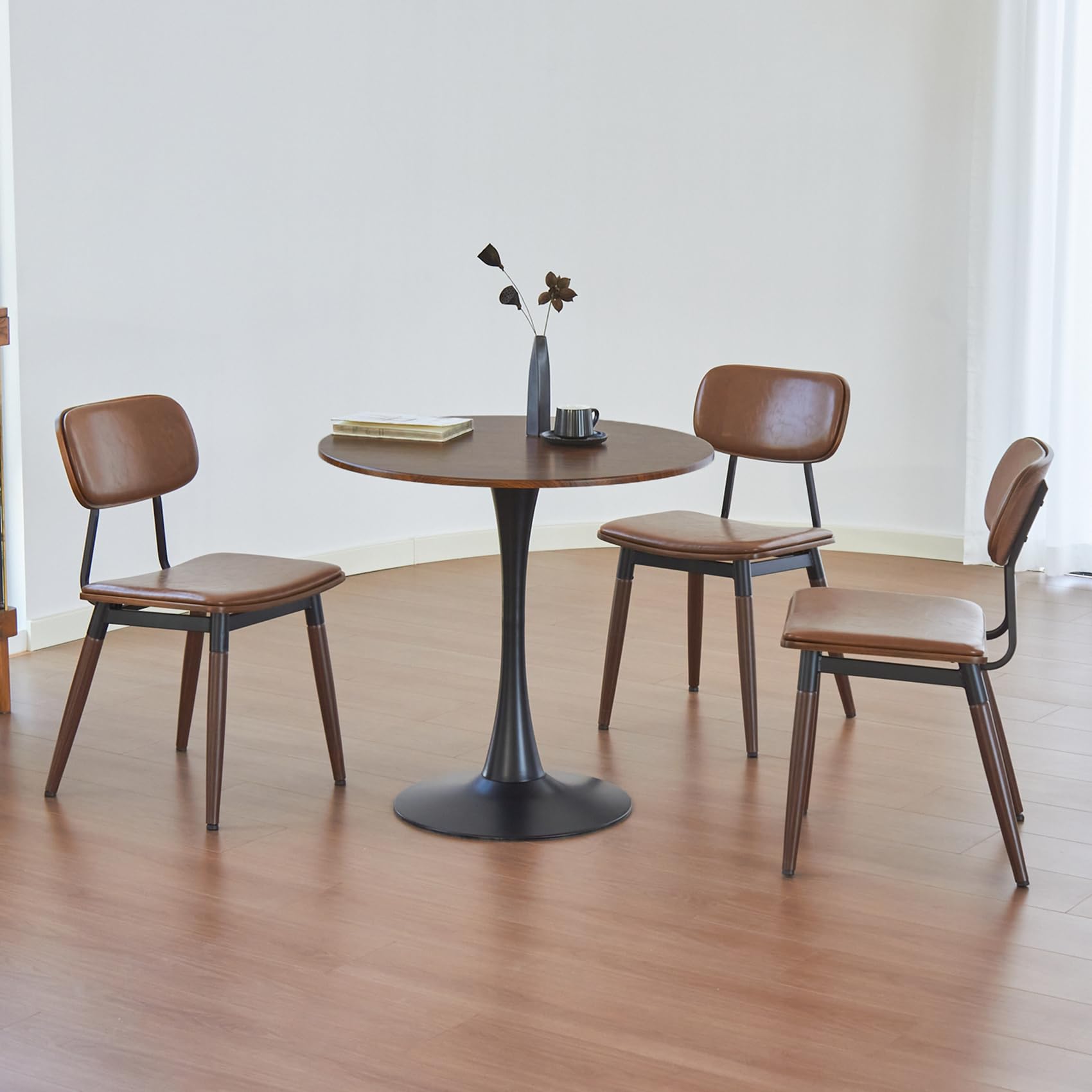 Round Dining Table, 24" Circle Tulip Table with Thickened Tabletop & Metal Pedestal, Mid Century Modern Bistro Table for Kitchen, Small Places, Living Room, Cafe (Brown)