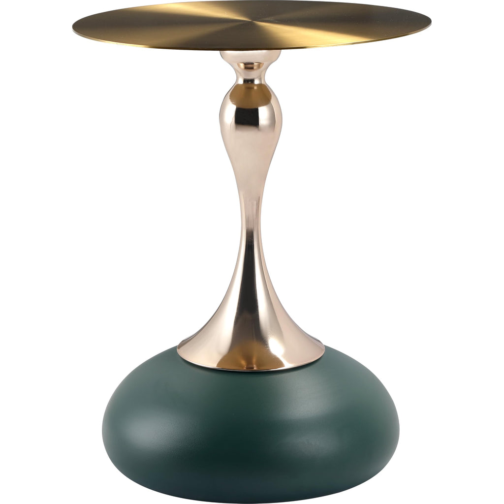 Modern Round Side Table with Gold Stainless Steel Top, Gold Pedestal Stem & Glossy Base, Accent End Table for Living Room, Bedroom, or Small Spaces, 17.7" × 21.6", Green