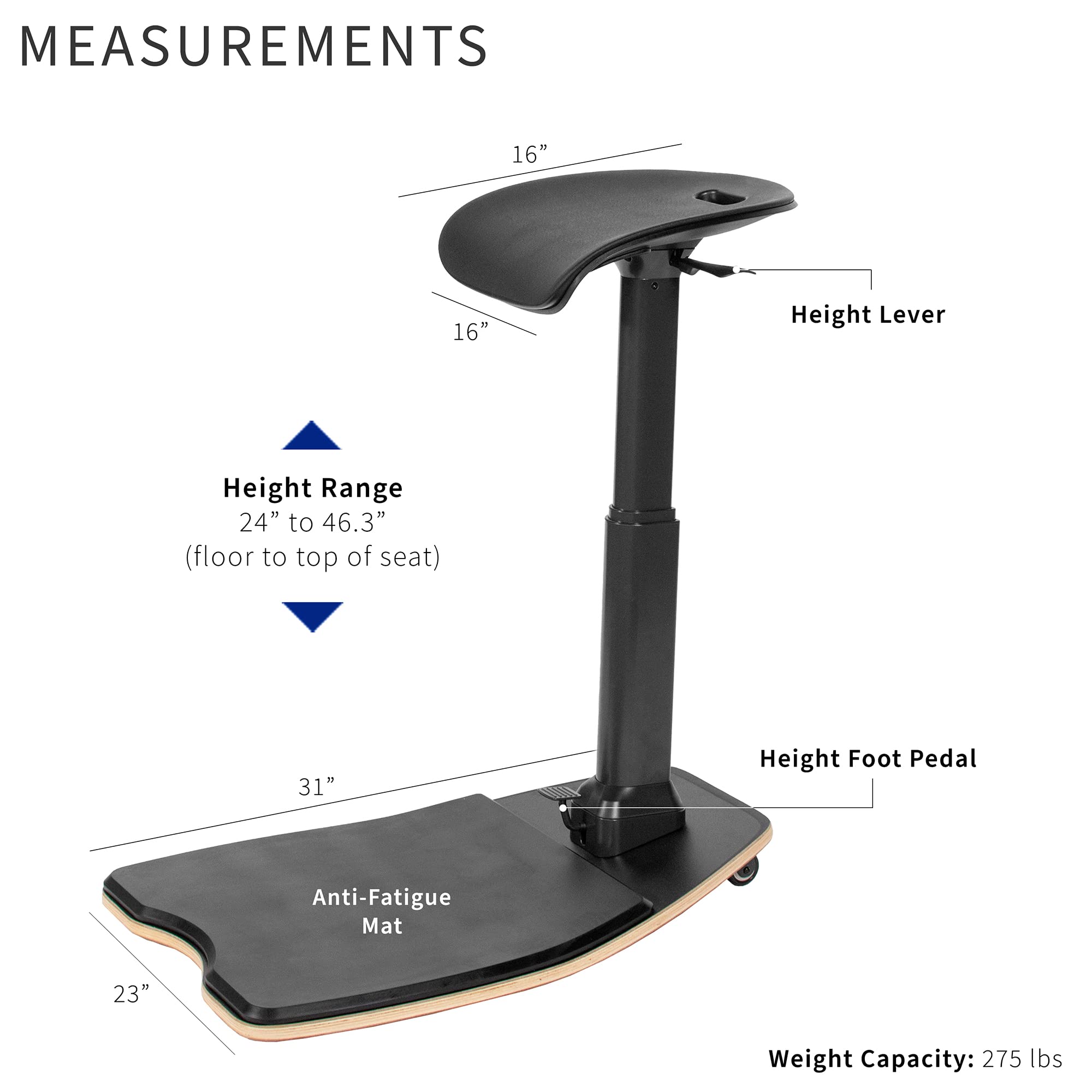 Ergonomic Leaning Perch Chair with Anti-Fatigue Mat, Standing Desk Stool, Height Adjustable Home Office Posture Seat, Black, CHAIR-S02M