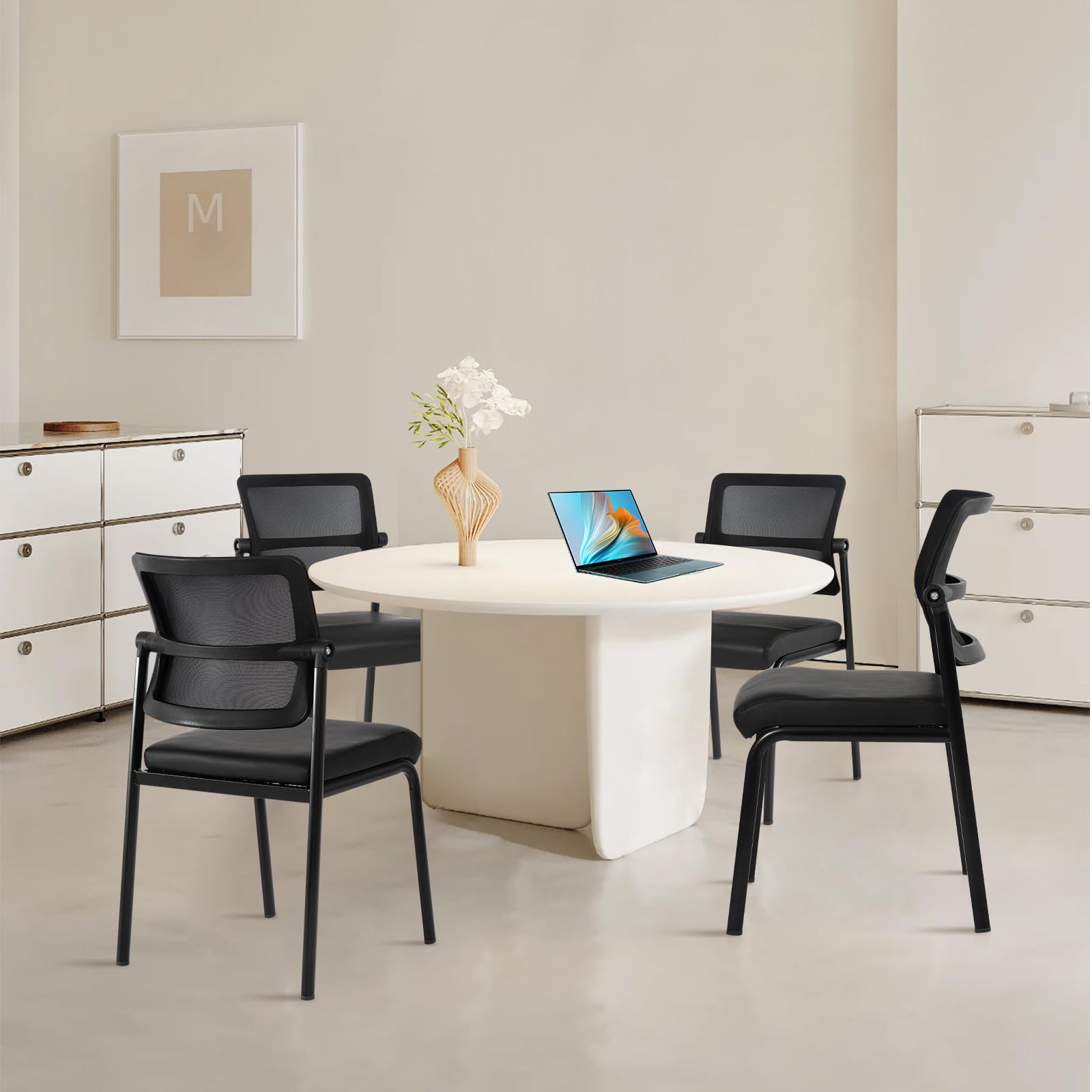 12PK Mesh Stacking Office Desk Chairs, Portable Stackable Bulk Waiting Room Armless Chair with Adjustable Back & Leather Seat for Guest Lobby Side School Church Conference Break, Black