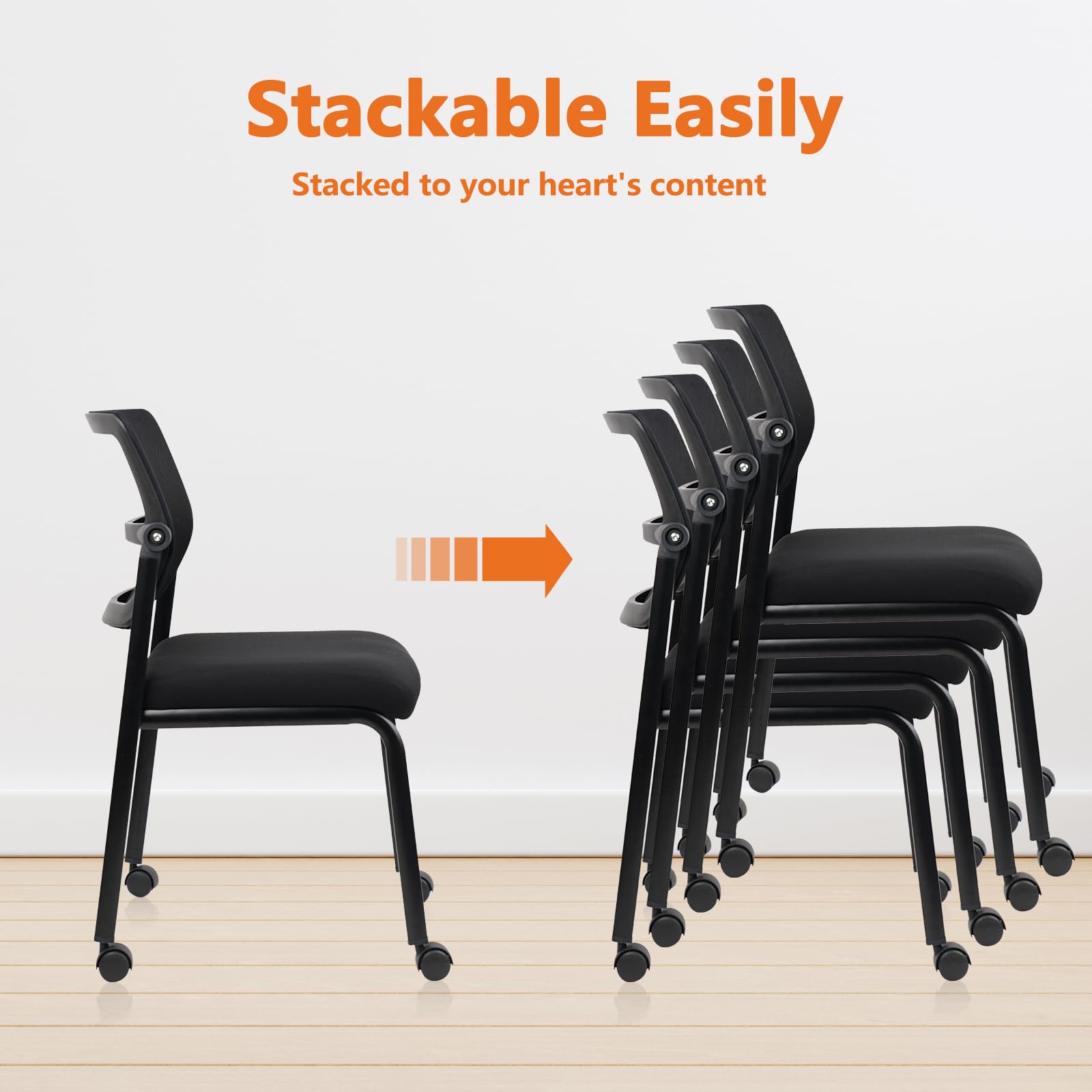 Stacking Armless Office Waiting Room Chair with Wheels, Stackable Mesh Guest Reception Desk Chairs with Adjustable Backrest for Conference Lobby Side School, Black