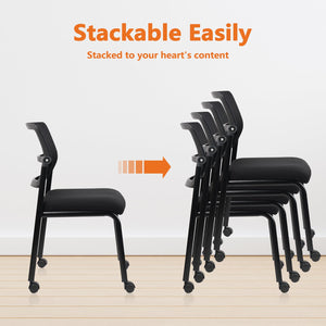 Stacking Armless Office Waiting Room Chair with Wheels, Stackable Mesh Guest Reception Desk Chairs with Adjustable Backrest for Conference Lobby Side School, Black, 4 Pack
