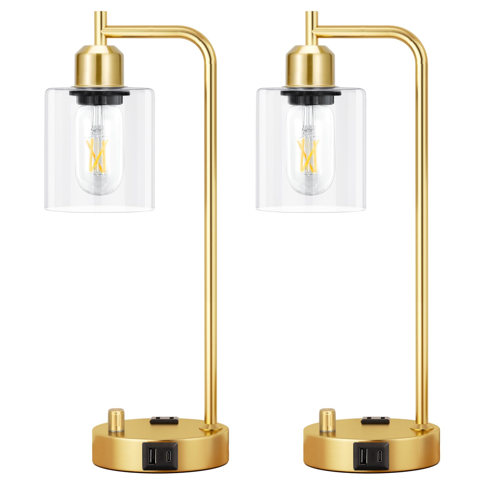 Industrial Table Lamp for Bedroom Set of 2 - Fully Dimmable Bedside Lamps with USB Ports and Outlet, Gold Nightstand Lamps with Clear Glass Shade for Living Room, Desk Lamps for Office Reading