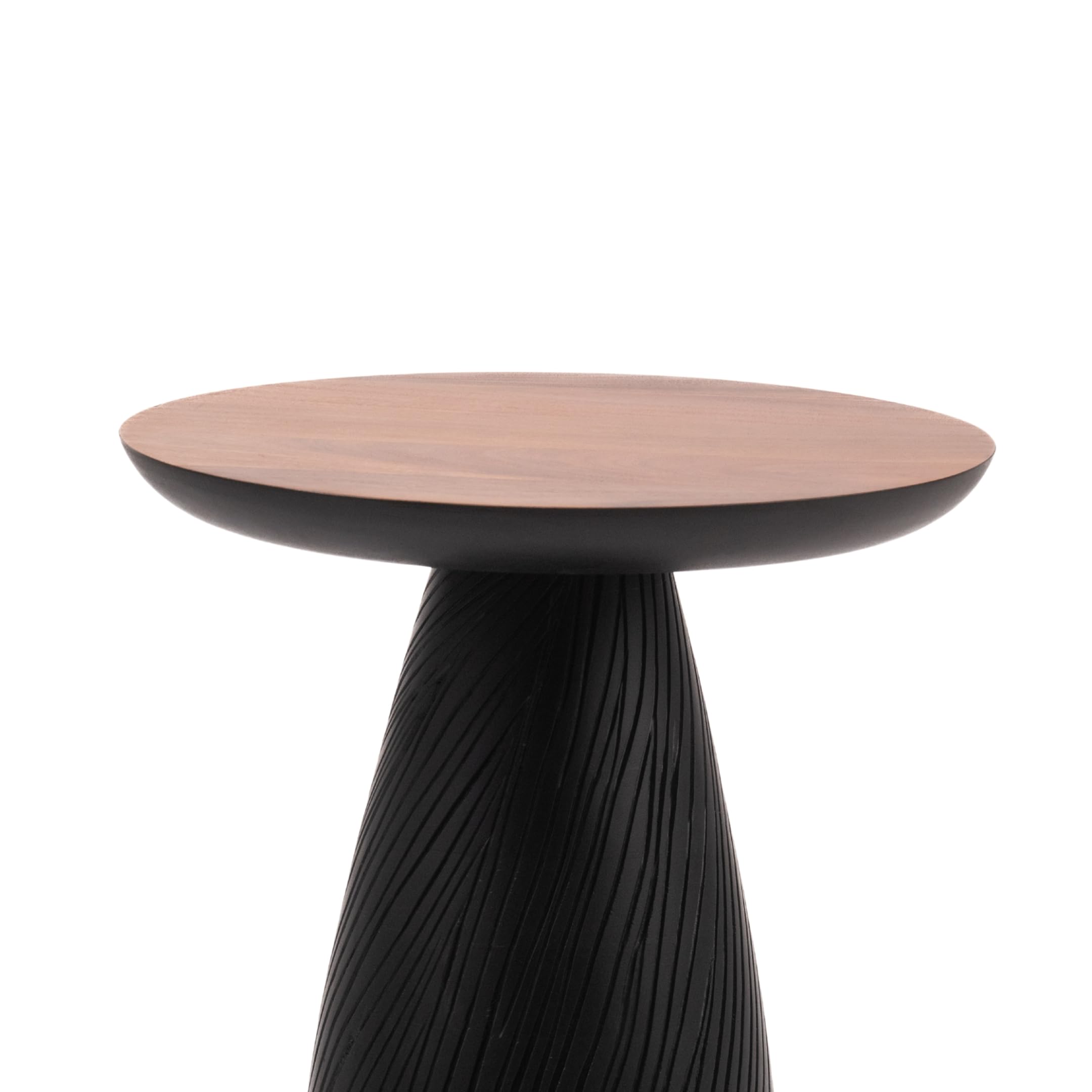 Mid-Century Farmhouse Cottagecore Accent Drink Table, Round Solid Mango Wood Accent Table with Carved Cone Base Minimalist Design for Small Spaces, Living Room, Bedroom or Entryway, Black, Assembled