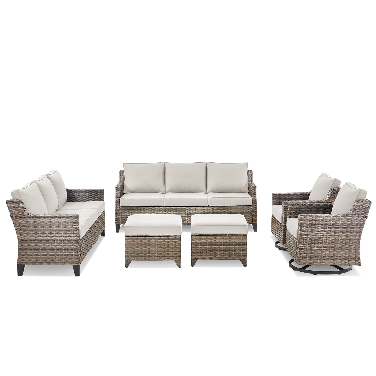Outdoor Patio Furniture Set-6 Piece High Back Outdoor Furniture Set Sectional Sofa with Wicker Swivel Rocker Patio Chairs,Thick Cushions Ottomans for Porch Balcony Patio Deck Grey/Beige