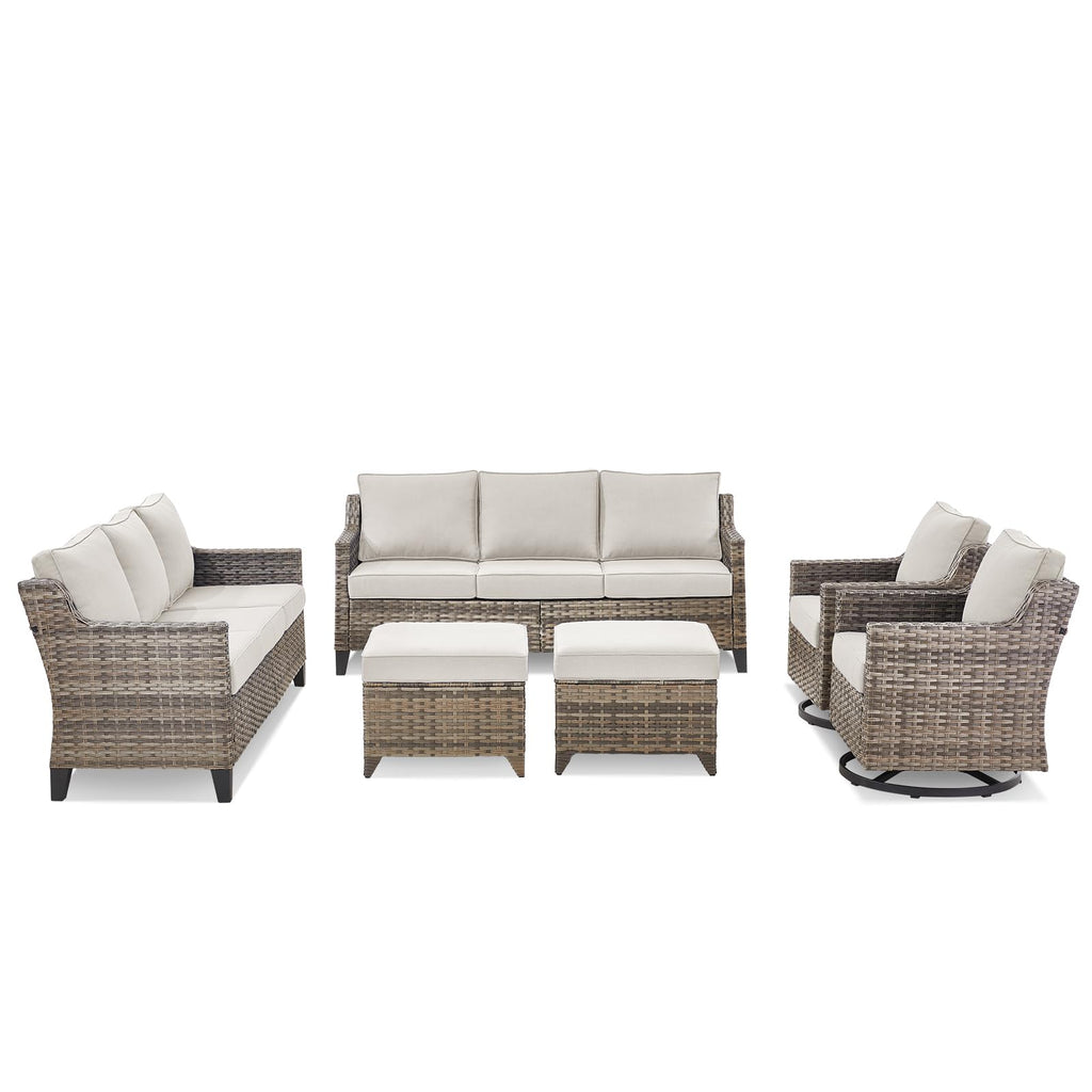 Outdoor Patio Furniture Set-6 Piece High Back Outdoor Furniture Set Sectional Sofa with Wicker Swivel Rocker Patio Chairs,Thick Cushions Ottomans for Porch Balcony Patio Deck Grey/Beige
