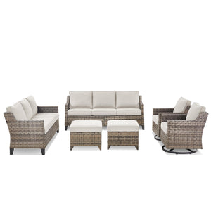 Outdoor Patio Furniture Set-6 Piece High Back Outdoor Furniture Set Sectional Sofa with Wicker Swivel Rocker Patio Chairs,Thick Cushions Ottomans for Porch Balcony Patio Deck Grey/Beige