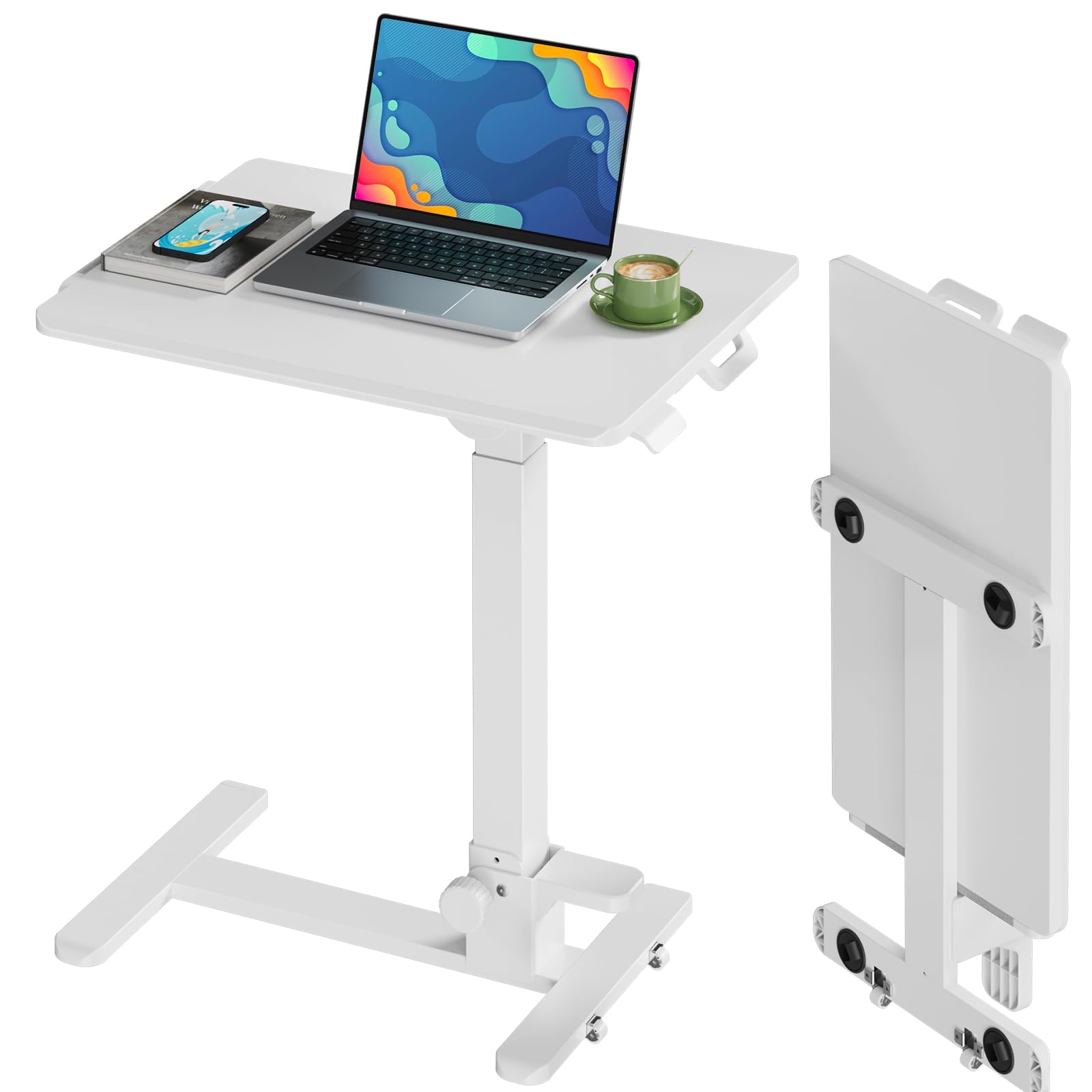 Foldable Mobile Standing Desk, 27 Inch Small Rolling Laptop Cart Height Adjustment, 90° Tiltable Bedside Table, No Assembly Needed Portable Computer Workstation, White