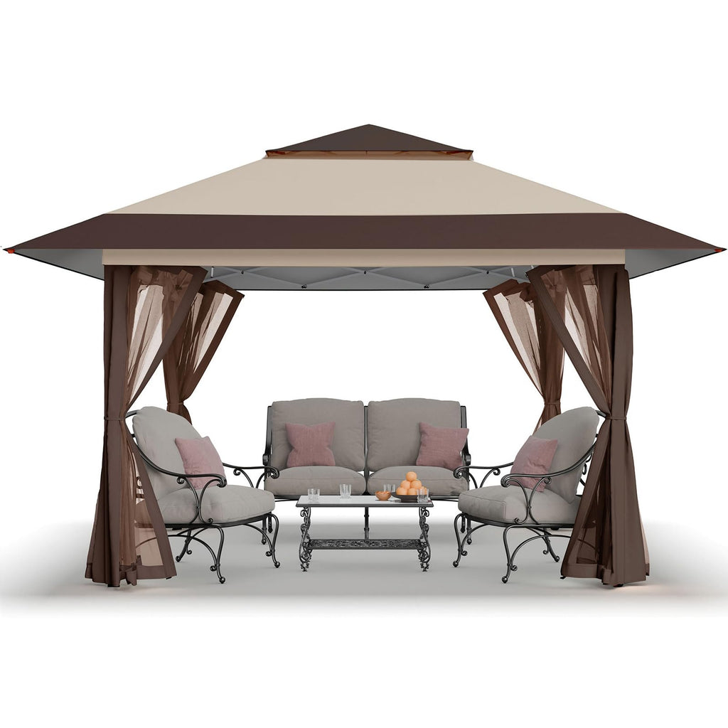 13x13 Pop Up Gazebo, Canopy Tent, Gazebos on Clearance - Outdoor Gazebo for Backyard & Patio Furniture - Carpa Pop Up Tent with Wheeled STO-N-Go Cover Bag (Beige & Coffee)