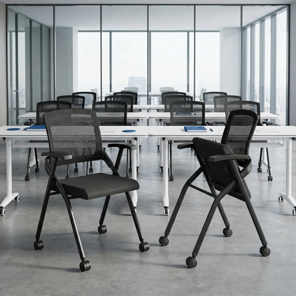 50 Pcs,Folding Office Chair with Wheels - Mobile Mesh Back Conference Room Chair with Padded Seat, Foldable & Stackable for Meeting Room, Training, Seminar,Classroom School & Office - Black