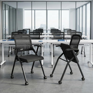 50 Pcs,Folding Office Chair with Wheels - Mobile Mesh Back Conference Room Chair with Padded Seat, Foldable & Stackable for Meeting Room, Training, Seminar,Classroom School & Office - Black