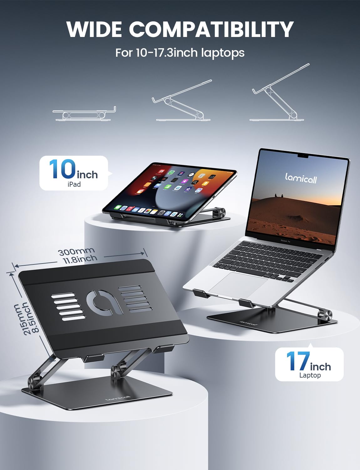 Adjustable Laptop Stand, Portable Laptop Riser, Aluminum Laptop Stand for Desk Foldable, Ergonomic Computer Notebook Stand Holder for MacBook Air Pro, Dell XPS, HP (10-17.3'') - Black