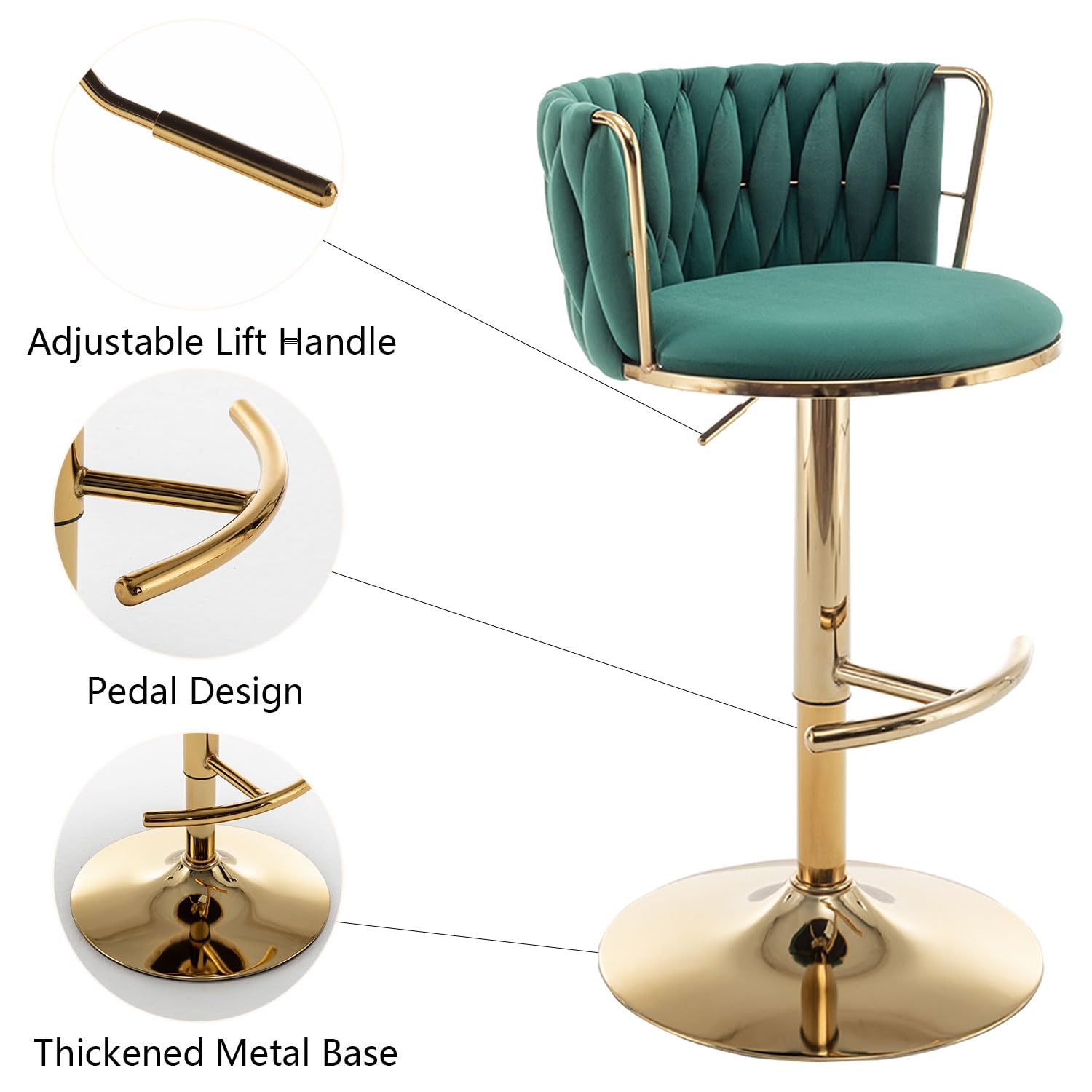 Gold Velvet Bar Stools Set of 6, Swivel Counter Height Bar Stools with Back, Adjustable Woven Barstools for Kitchen Island, Pub, Club (Green)