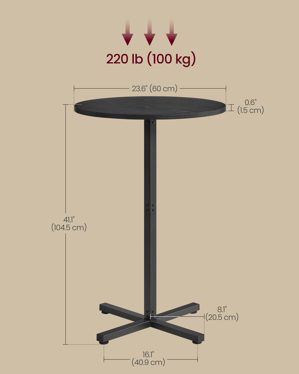 Round Cocktail Table, Set of 2, High Top Bar Pub Table with Metal Frame and Cross Base, for 2-3 People, Modern, Easy to Assemble, 23.6 x 41.1 Inches, Ebony Black