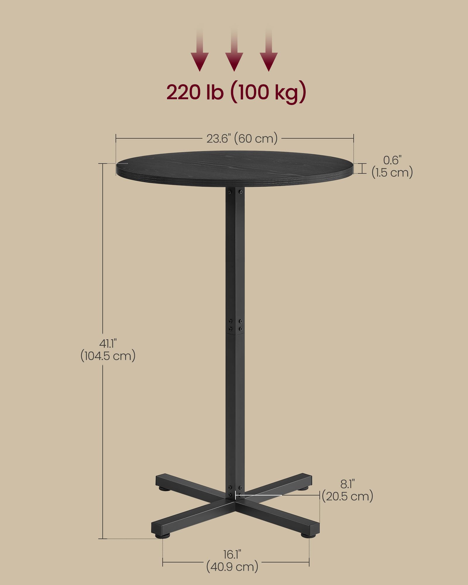 Round Cocktail Table, Set of 2, High Top Bar Pub Table with Metal Frame and Cross Base, for 2-3 People, Modern, Easy to Assemble, 23.6 x 41.1 Inches, Ebony Black