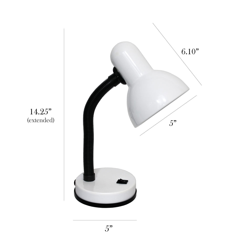 Basic Metal Desk Lamp with Flexible Hose Neck for Office, Living Room, Bedroom, College Dorm, Bookshelf, White (Pack of 1)