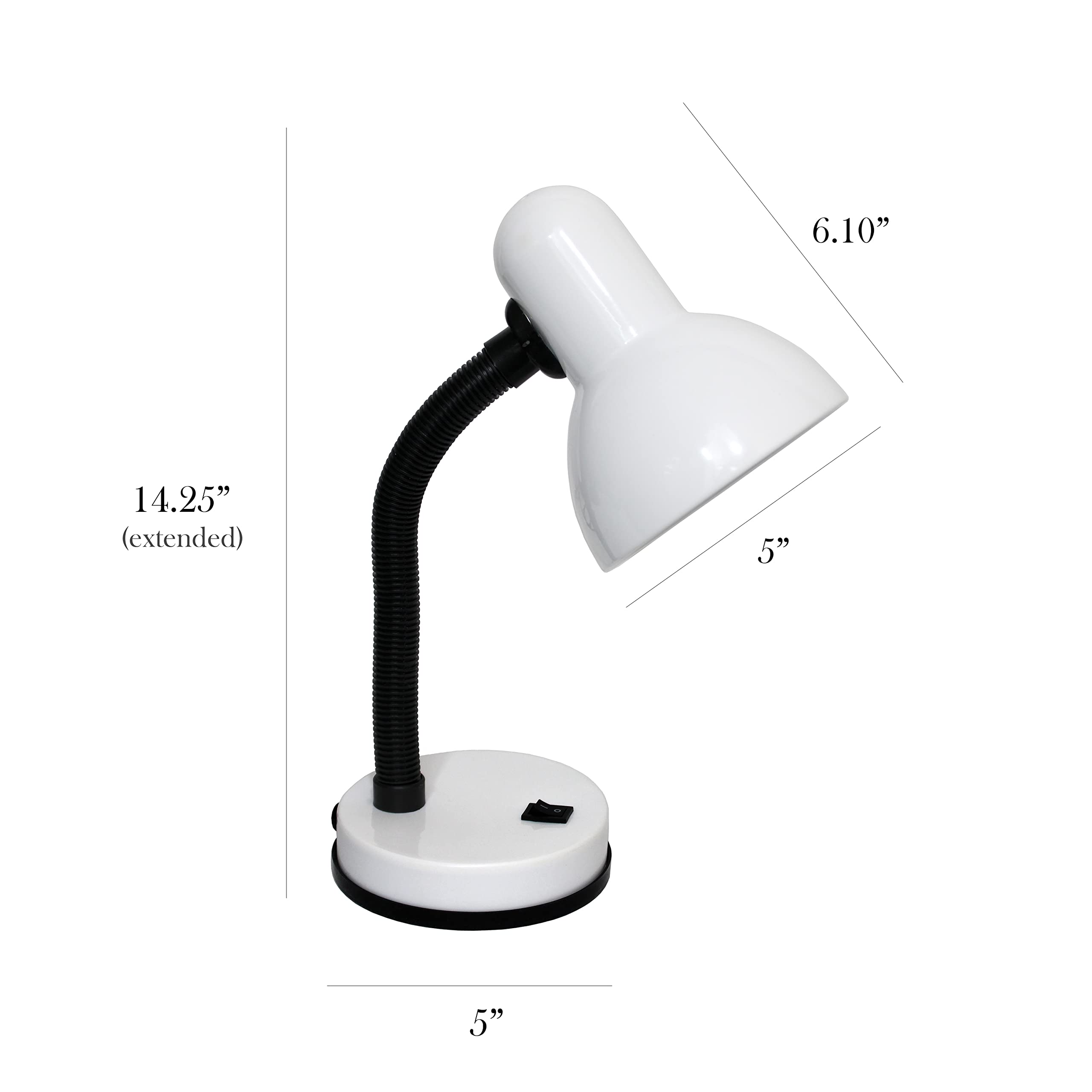 Basic Metal Desk Lamp with Flexible Hose Neck for Office, Living Room, Bedroom, College Dorm, Bookshelf, White (Pack of 1)