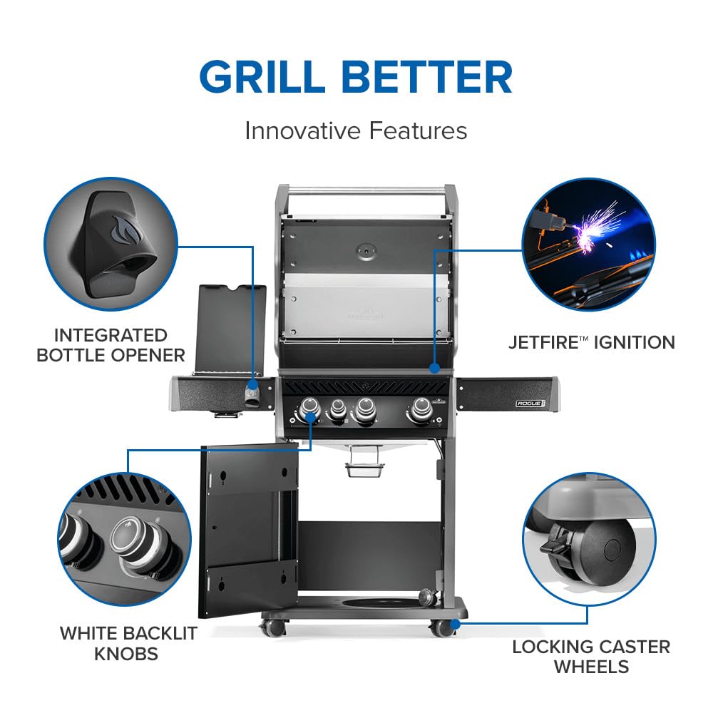 Rogue PRO 425 Propane Gas Grill with Infrared Side Burner, Black, Durable 4-Burner Backyard Grill