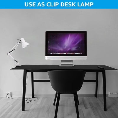 Metal Desk Lamp with Clamp, Swing Arm, Architect Adjustable Gooseneck Table Lamp, Clip Desk Lights for Home Office, Work, Study, Reading, E26 Base, Multi-Joint, White