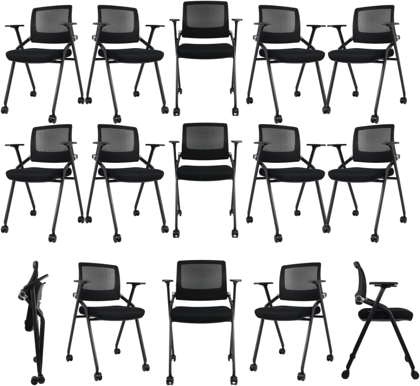 20 Pack Foldable Office Chairs with Wheels, Mesh Back, Arms and Portable - Folding Office Chairs Stackable for Conference Room Chair, Office Guest & Reception & Meeting Chair - (Black) 300 lbs.