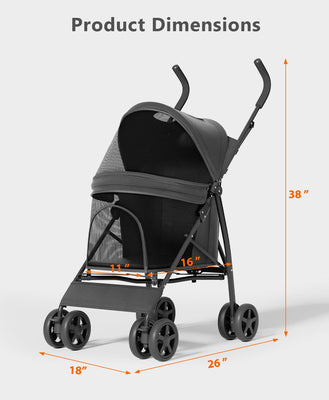 Pet Stroller with 4 Wheels for Small/Medium Pets, Portable Travel Foldable Carrier Jogger for Dog Cat Puppy Kitty, Rear Wheel Breaks, Storage Basket, Visible Mesh with Weather Cover (Black)