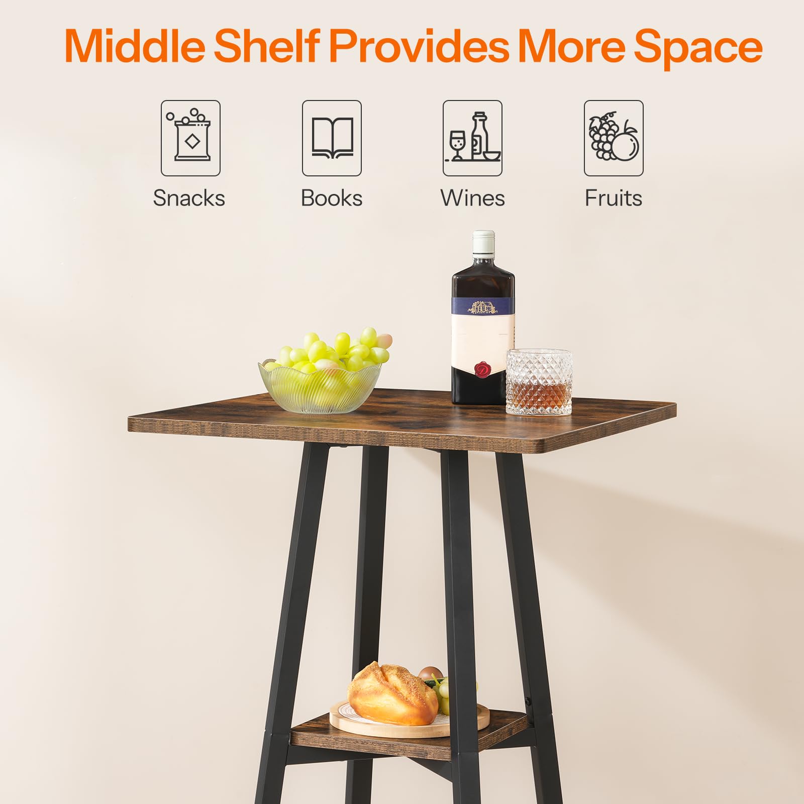 Bar Table, 2-Tier High Top Pub Table, Counter Height Table with Storage, Small Kitchen Dining Table, 36.6" High Bar Table for Living Room Party, Easy to Assemble, Rustic Brown