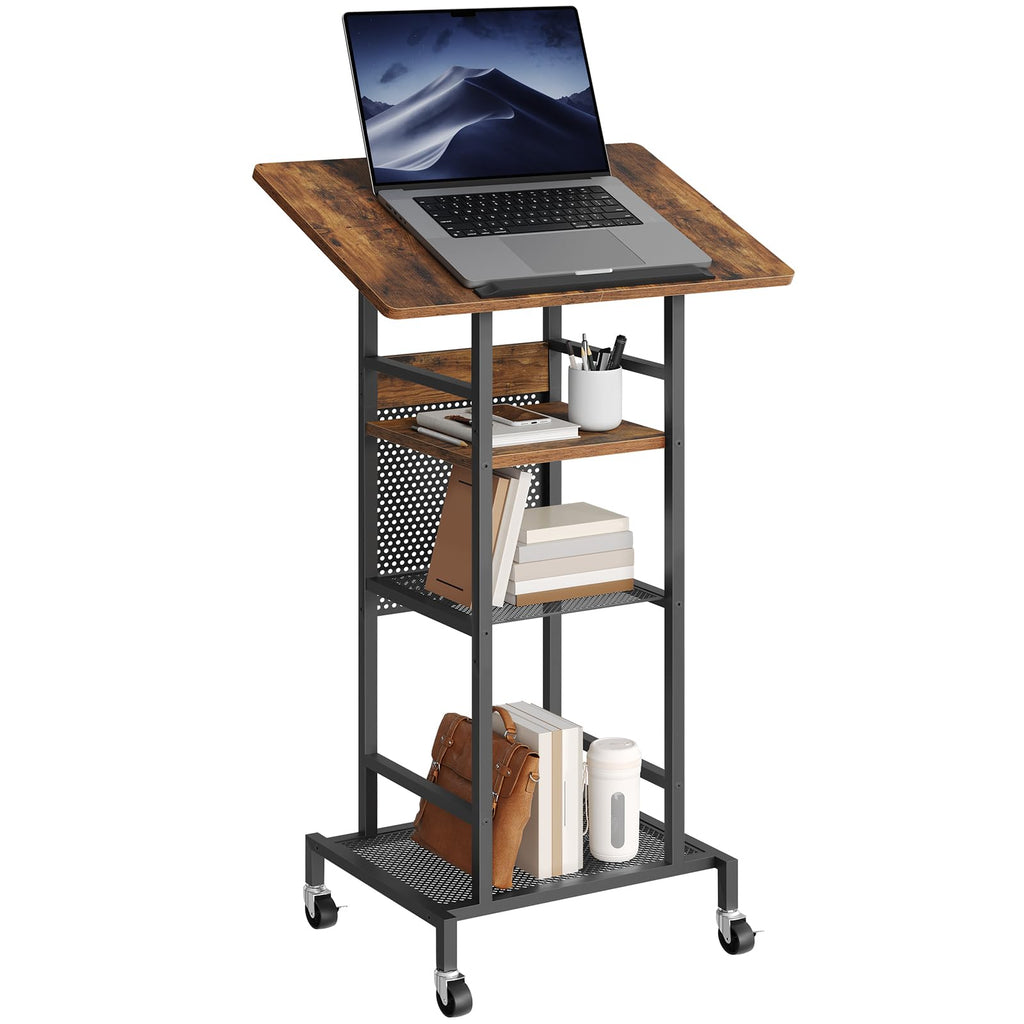 Podium Stand with Locking Wheels, 4-Tier Mobile Lectern with Storage Shelves and Non-Slip Lip, for Classroom, Church, Conference Standing Desk, Rustic Brown and Black LPHR6001