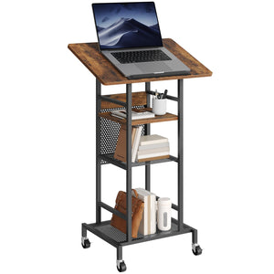 Podium Stand with Locking Wheels, 4-Tier Mobile Lectern with Storage Shelves and Non-Slip Lip, for Classroom, Church, Conference Standing Desk, Rustic Brown and Black LPHR6001