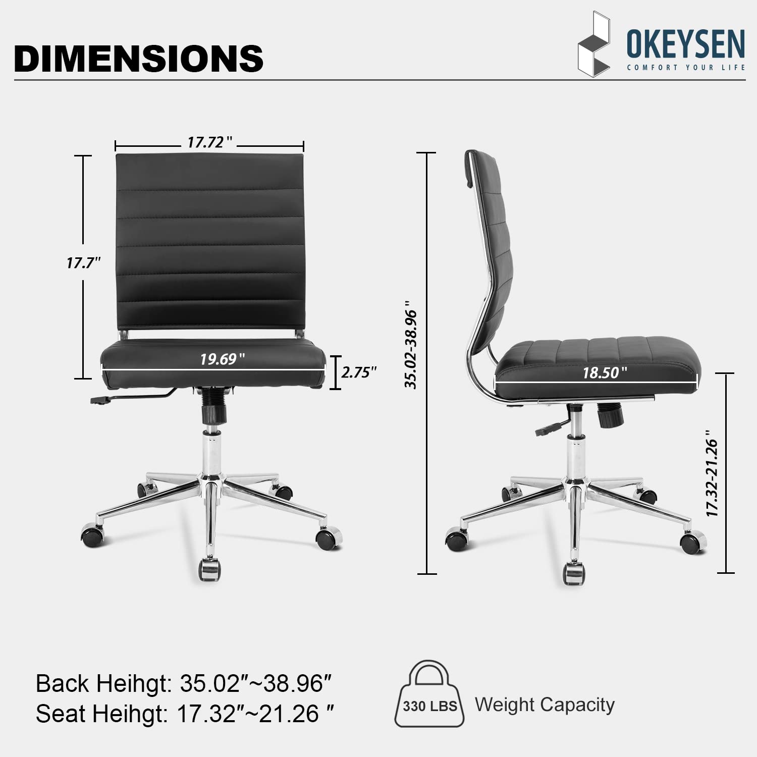 Armless Office Desk Chair, Mid Back Ergonomic Swivel Conference Room Chair, Adjustable Height PU Leather Home Desk Chair, Modern Small Rolling Computer Task Chair, Black