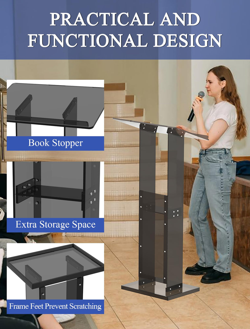 Podium Stand with Storage Shelf, 45.5" Modern Black Lectern with Reading Platform for Classroom, Weddings, Conference, Concert, Professional Presentation Podiums