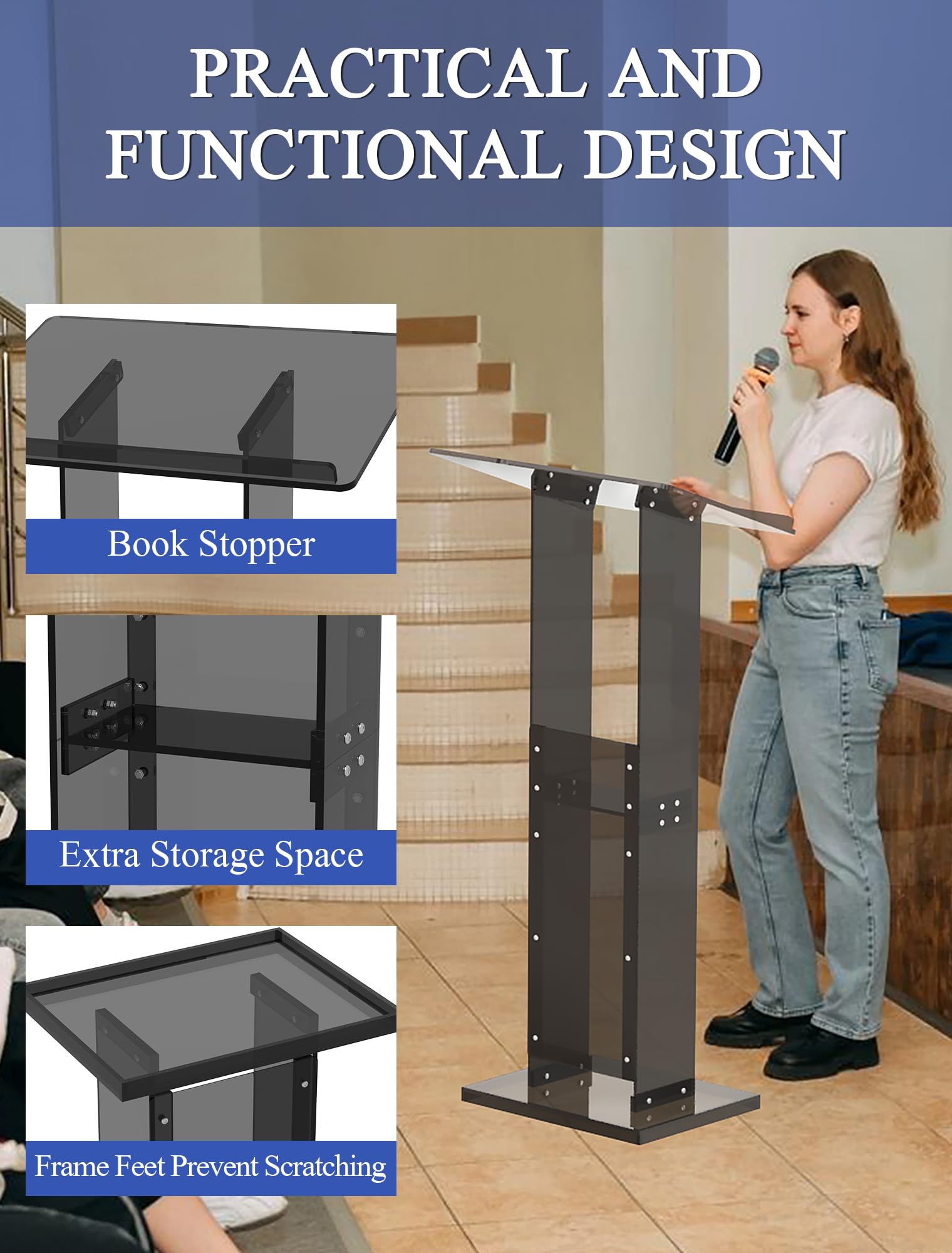 Podium Stand with Storage Shelf, 45.5" Modern Black Lectern with Reading Platform for Classroom, Weddings, Conference, Concert, Professional Presentation Podiums