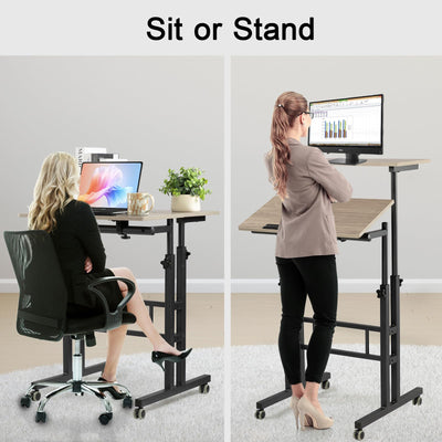 Mobile Standing Desk with Charging Station, Adjustable Standing Computer Desk, Standing Adjustable Laptop Cart with Wheels for Home Office Classroom Light Grey