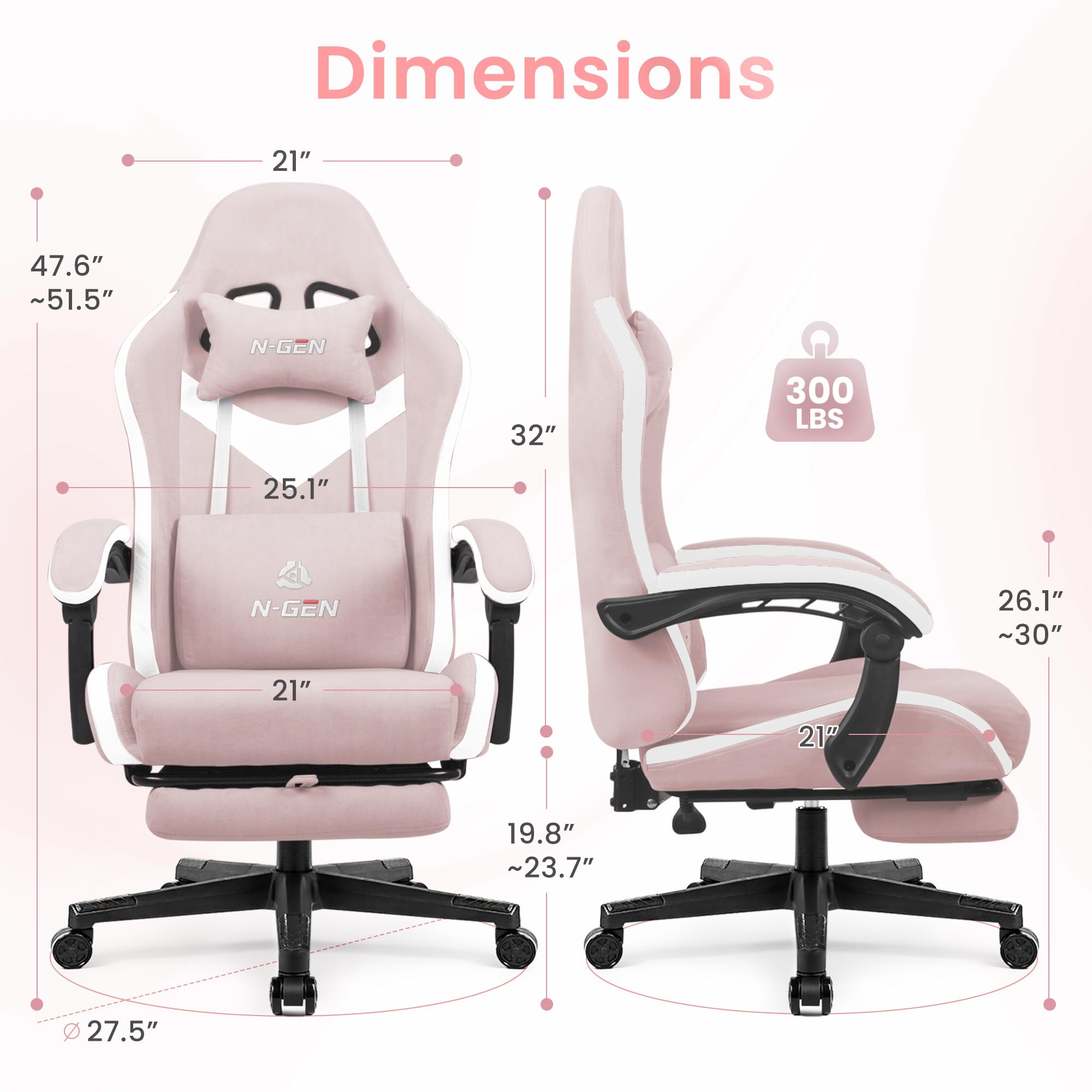 Video Gaming Chair with Footrest Lumbar Support for Home Office High Back Recliner Height Adjustable Ergonomic Comfy Fabric Computer Desk Chair (Pink)