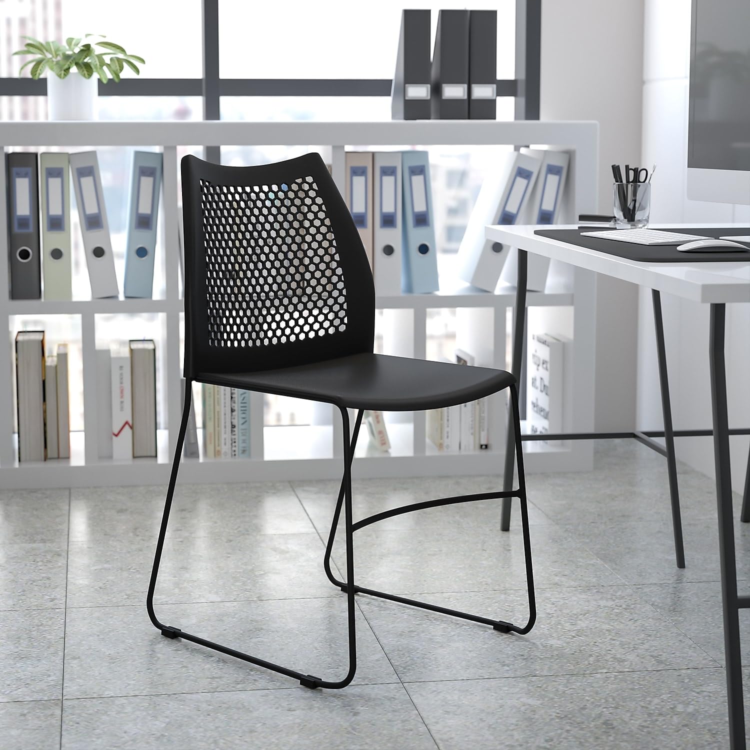 HERCULES Series 661 lb. Capacity Navy Stack Chair with Air-Vent Back and Gray Powder Coated Sled Base