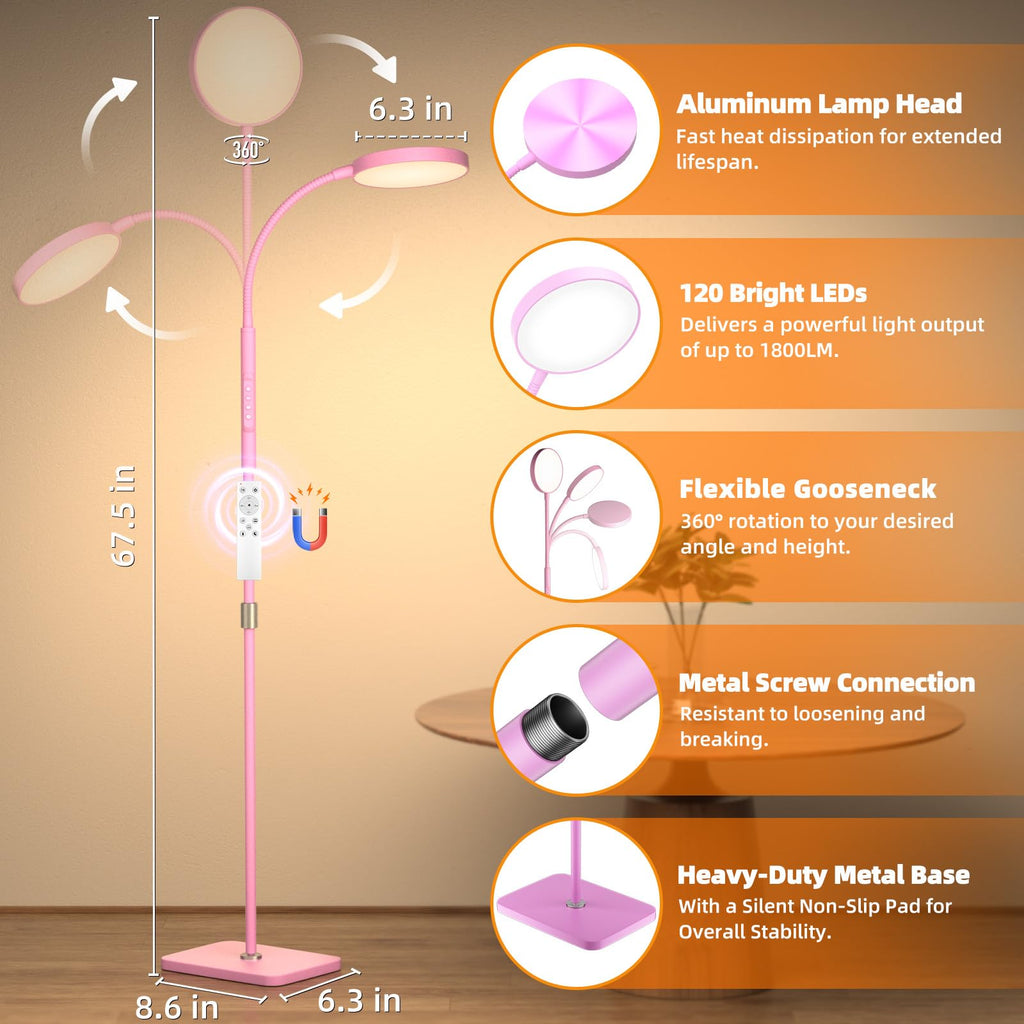 Floor Lamp, Adjustable Height Floor Lamps for Living Room Bedroom, 120 LED Super Bright Standing Lamp Remote Control Dimmable Gooseneck Tall Stand Reading Lamp for Office Craft, Pink