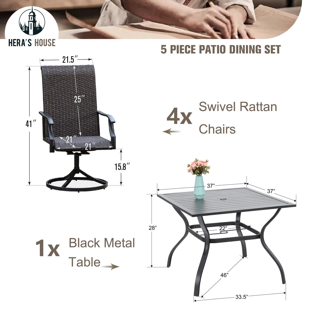 5 Pieces Patio Dining Set, Outdoor Dining Set for 4, 4 x Swivel Rattan Dining Chair, 1 x 37” Square Metal Dining Table, for Lawn Garden Backyard Deck