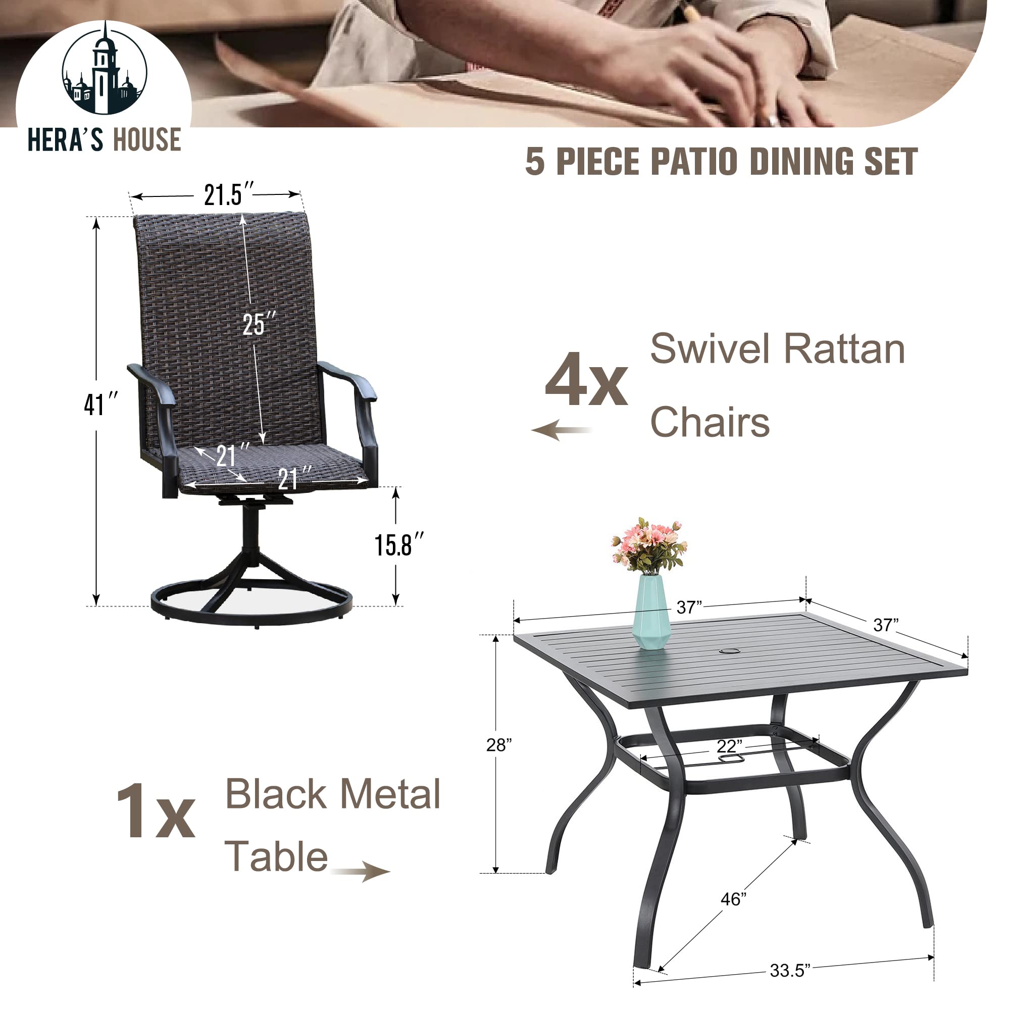 5 Pieces Patio Dining Set, Outdoor Dining Set for 4, 4 x Swivel Rattan Dining Chair, 1 x 37” Square Metal Dining Table, for Lawn Garden Backyard Deck