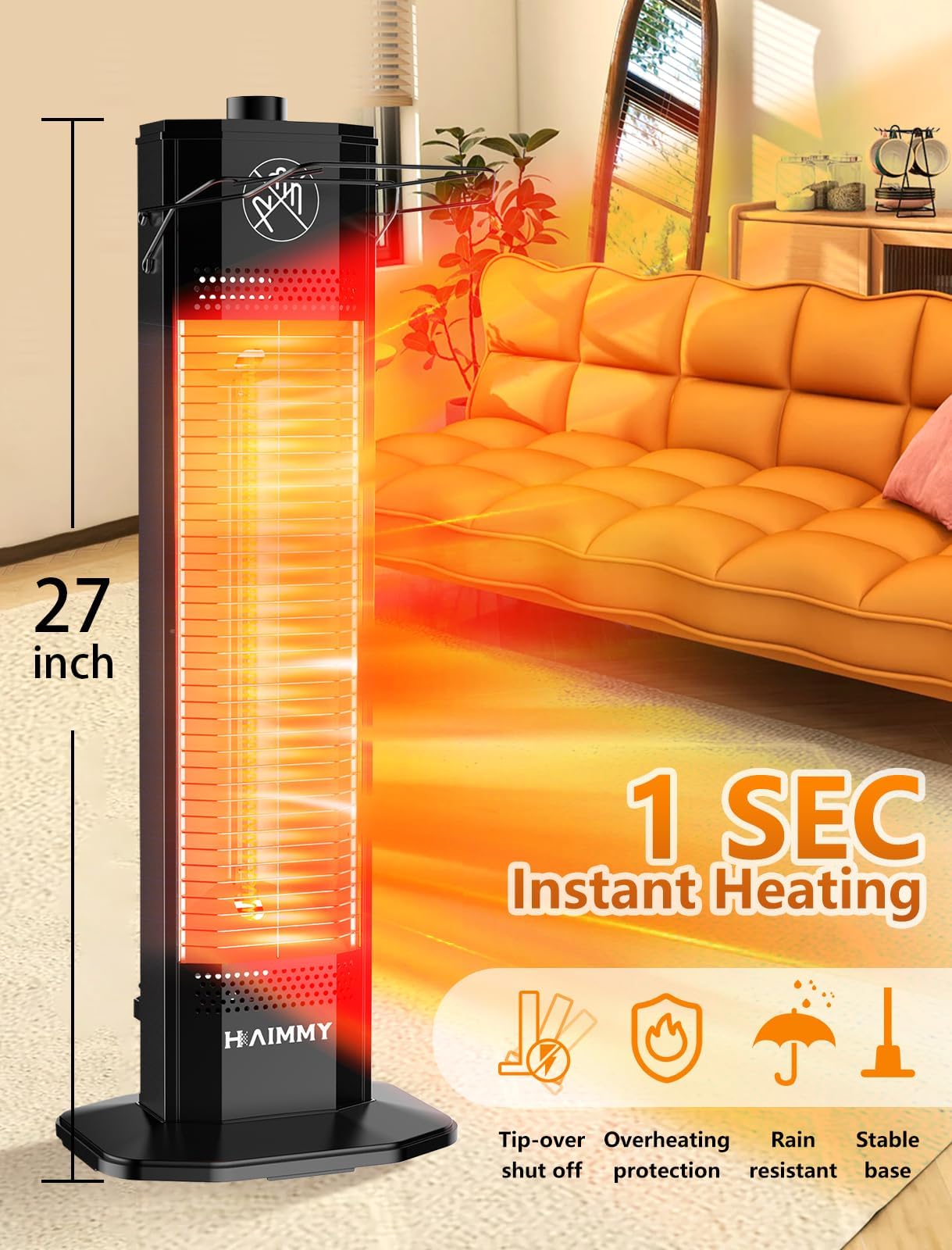 Outdoor Electric Patio Heater, 27- inch Outdoor Electric Patio Heater, 1200W Instant Heating, 2 Heat Levels, Tip-Over & Overheat Protection, IPX5 Waterproof Tower Space Heater
