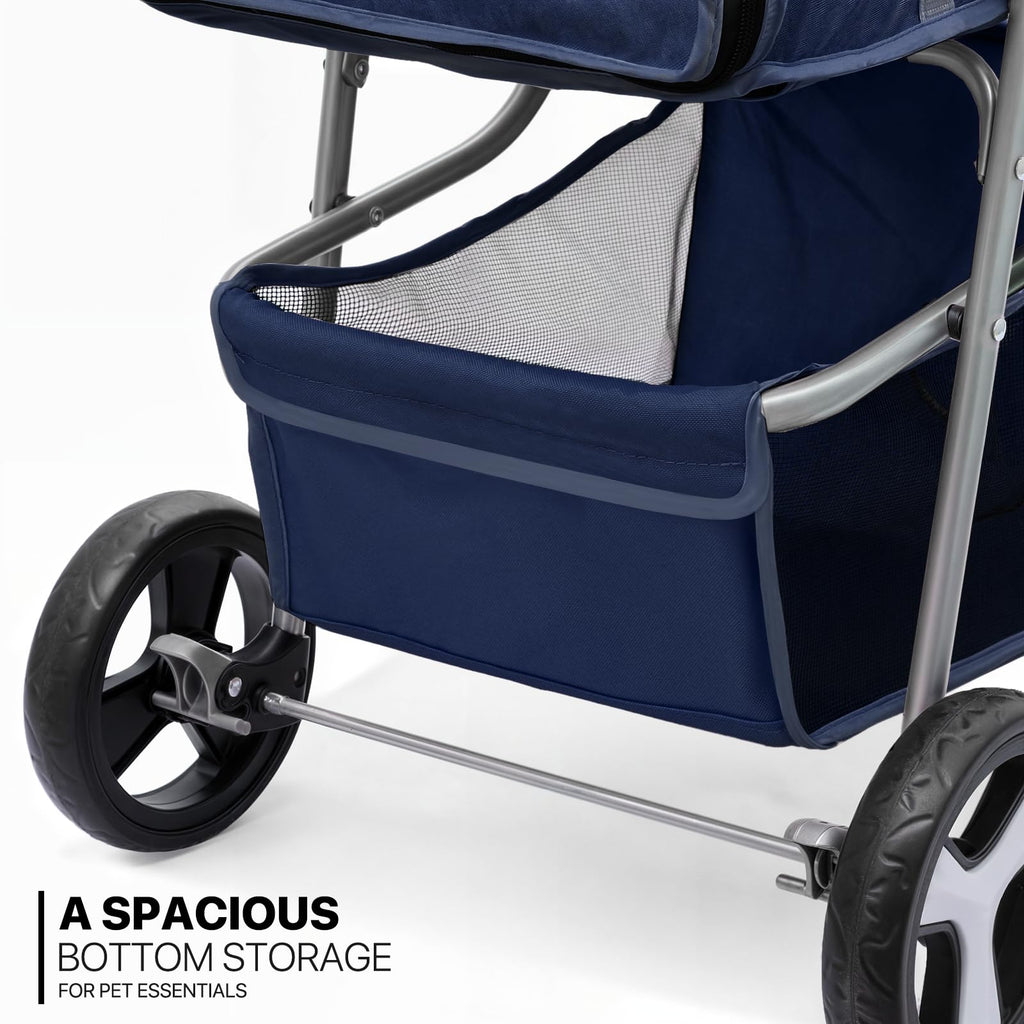 3 Wheels Pet Stroller, Foldable Dog Cat Cage Jogger Stroller with Weather Cover for All-Season, Storage Basket and Cup Holder, Breathable and Visible Mesh for Small/Medium Pets, Blue
